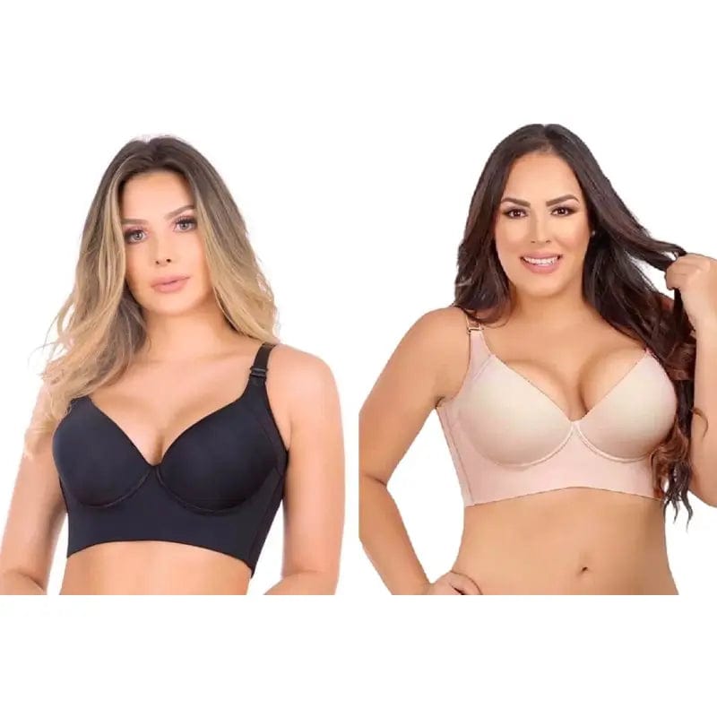 Fourovo Woobilly Deep Cup Bra Hide Back Fat With Shapewear Incorporated Nude+Black / 34 / B